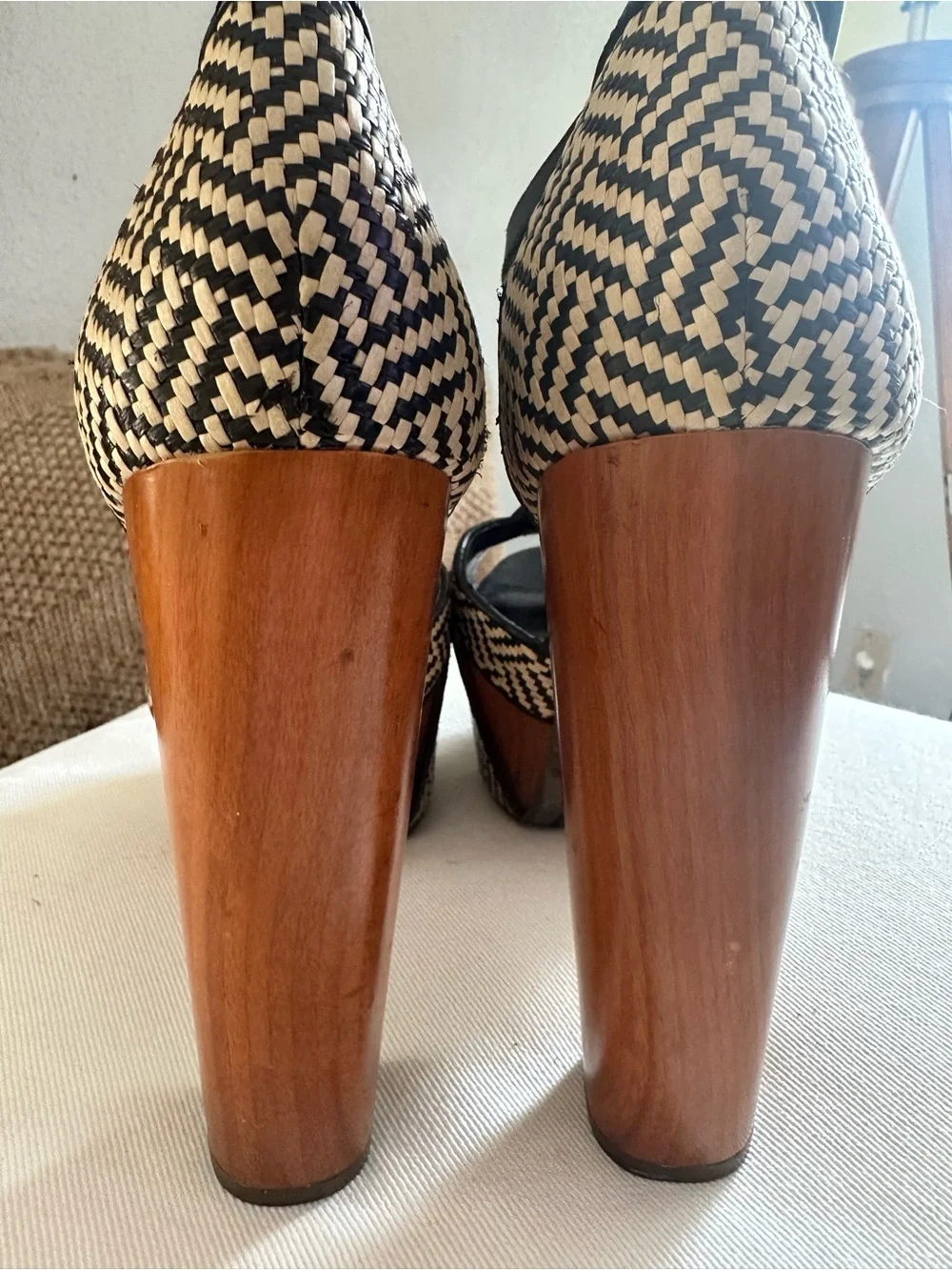 Jessica Simpson Dany Black and Cream Woven Platform Sandals with Wood Block Heel - Picture 6 of 11